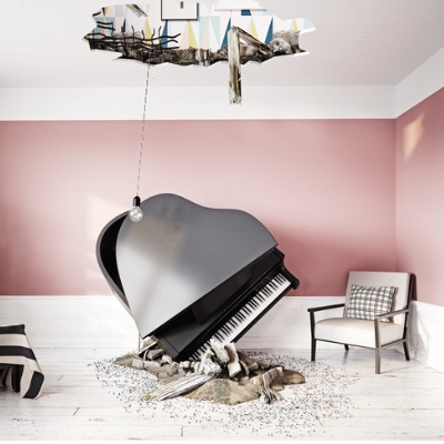 broken ceiling and falling piano after bad planning